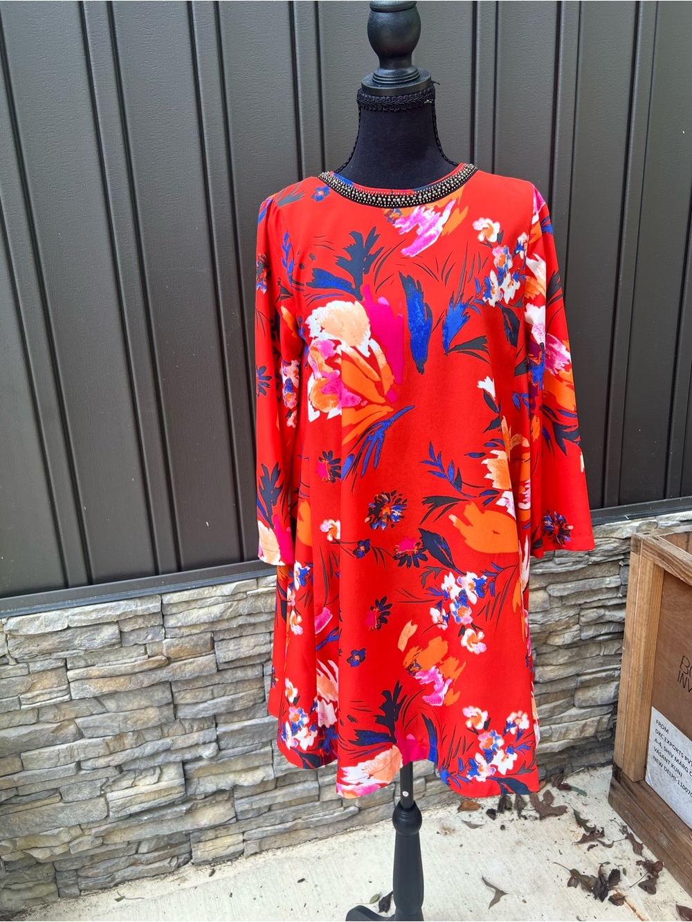 Anthropologie Maeve Red Floral Long-Sleeve A-Line with Beaded Neck Dress Sz XS